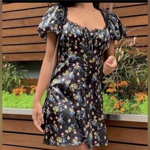 For Love & Lemons Floral Satin Mini Dress XS Lace Puff Sleeve Retail $239